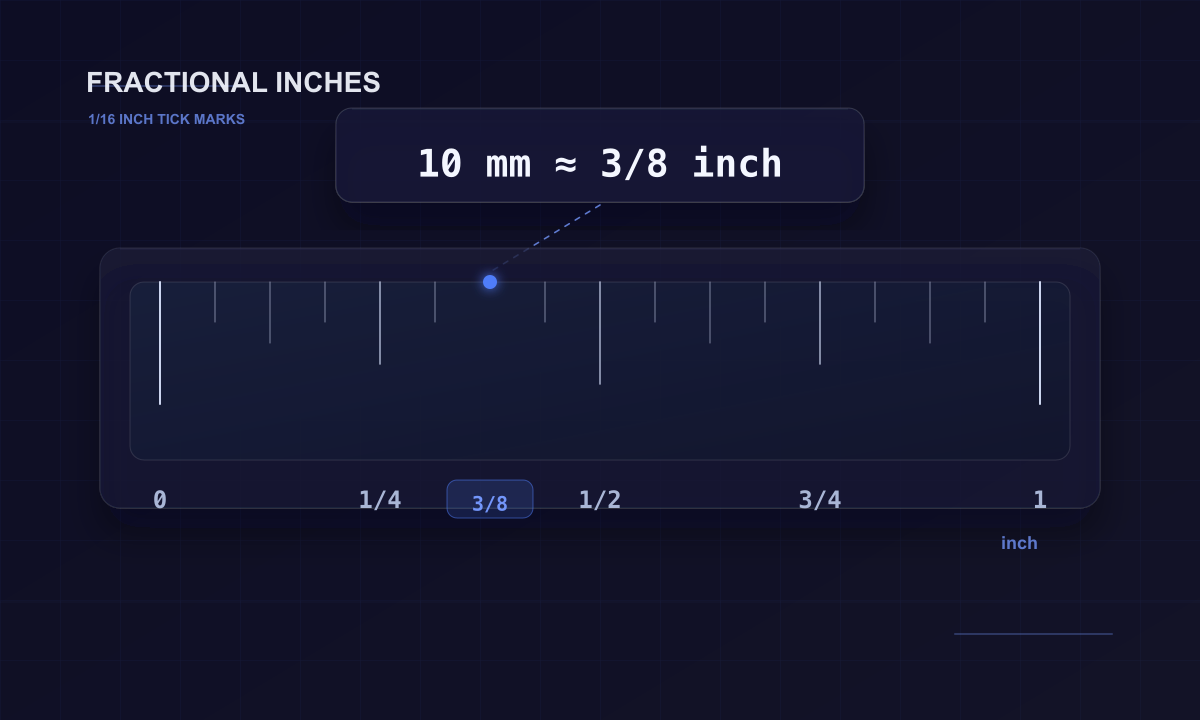 Zoomed imperial ruler from 0 to 1 inch with sixteenth marks, highlighting that 10 mm sits at approximately the 3/8 inch mark